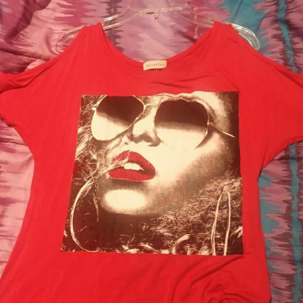 Half Off the shoulder Vibrant Red Lipstick shirt